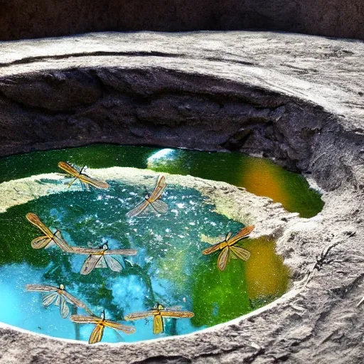  
generates an image where you can see a pit full of water with a dragonfly on top, anime style, full hd, high quality