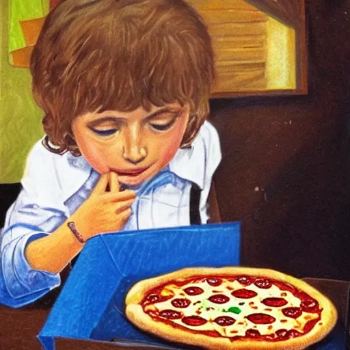 niño comiendo pizza ilustrración para un cuento

