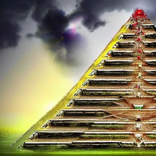 Create an image of an Aztec god descending a pyramid while it rains and the rain opens up in its path, you have to make the image realistic., Trippy