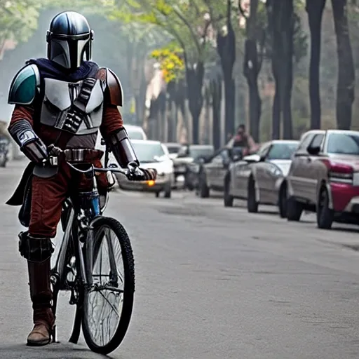 An image of the main character of the Mandalorian series riding a bike in Mexico City., Trippy