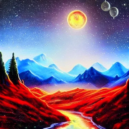 Alien Planet, Colorful, Moon, night stars, red trees, fantastic, 3D, Oil Painting, SCI-FI, 4K, mountains, river, nature, alive, magical sky, dream, alien spacecrafts