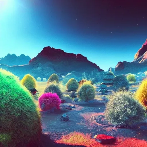 Alien Planet, Colorful, Daylight, Outside planete, cyan trees, fantastic, 3D, Realistic, SCI-FI, 4K, mountains, river, nature, alive, magical sky, dream, alien spacecrafts