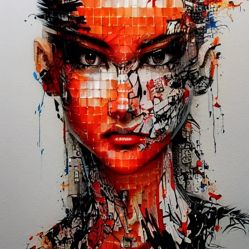 face portrait of MeiyuCipher 1girl orange spike aura in motion, damaged chinese clothes, floating pieces, trending on artstation, sharp focus, intricate details, highly detailed, detailed face (ink and watercolor painting, brushstrokes, by Russ Mills and Yoji Shinkawa) best quality, absurdres, (negative space) , <lora:GlowingRunesAIV3:0.5>