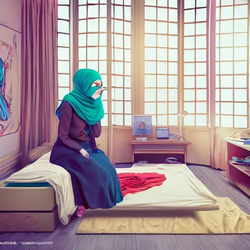 Hijab lady, shy, cinematic, from behind , massive , big screen, high tech , advanced , warzone, messy cluttered bedroom, cozy, nostalgic, isometric render, 3d.