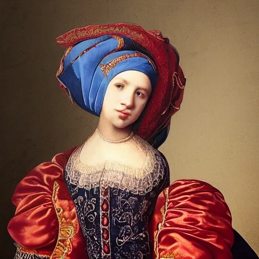 Lady's hijab, head down, pride, back to the camera , Baroque