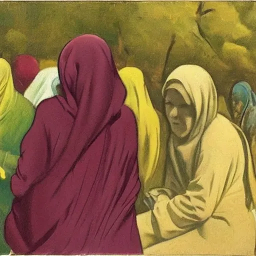 Lady's hijab, head down, pride, back to the camera , Synthetism