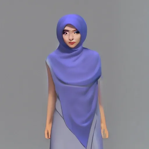 Lady's hijab, head down, long shot,  style, high detailed, high quality, 3D