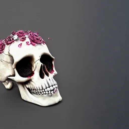 a realistic skull that roses come out of its eye holes