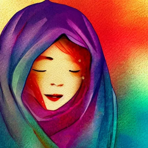 Lady's hijab, head down, long shot angel,  landscape, high detailed, high quality, 3D, minimal, happy, Water Color