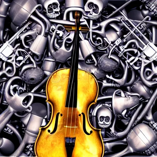 a central realistic skull surrounded by orchestra instruments, 3D