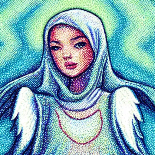 Lady's hijab, head down, long shot angel,  landscape, high detailed, high quality, Pointillism style
