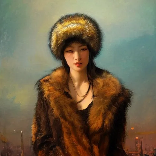 female siberian Russian concubine with slim curvy body, wearing a ushanka, at night, 1400s, painting by gaston bussiere, greg rutkowski, yoji shinkawa, yoshitaka amano, Trippy