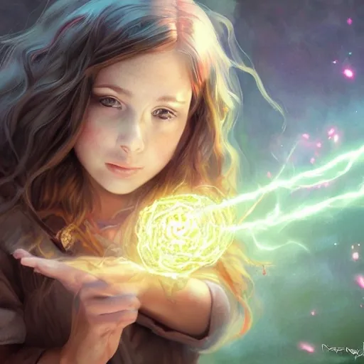 realistic portrait of a innocent young teen girl, d&d magic fantasy, dark magical school student uniform, light curly hair, casting a bright large-scale magical spell around herself, overflowing energy, highly detailed, digital painting, trending on artstation, pixiv, concept art, sharp focus, illustration, art by Ross Tran and Greg Rutkowski and Walt Disney animation