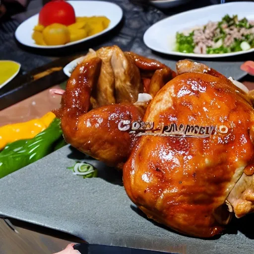 En el corral el pollo está listo para comer. Come pienso