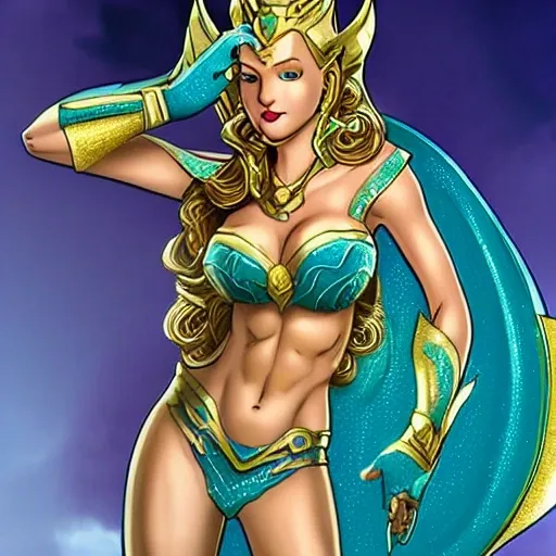 gorgeous princess mera queen of atlantis hyperdetailed, big boobs big hips small waist muscular body flat abs grasping gold lance full body detail