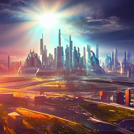 Create a stunning 3D futuristic utopian cityscape, illuminated by the sun's rays, with intricate details and vibrant colors that make it a true masterpiece of art.