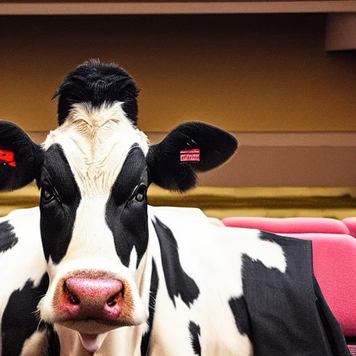 generate a realistic design of a funny cow sitting in a dark movie theater

