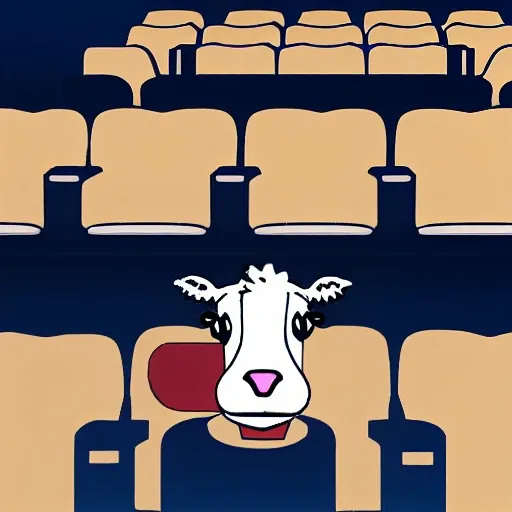 generate a realistic design of a funny cow sitting in a movie theater, eating popcorn

