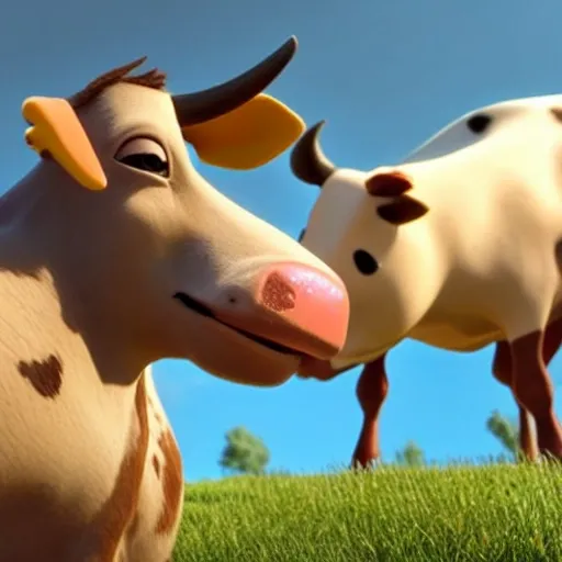 screenshot of a cow at the cinema in a pixar movie. unreal engine 3d rendering. amazing resemblance. Very detailed. cartoon caricature.
