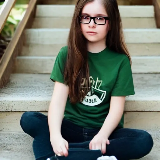 girl, glasses, brown eyes, long hair, dark green t shirt
