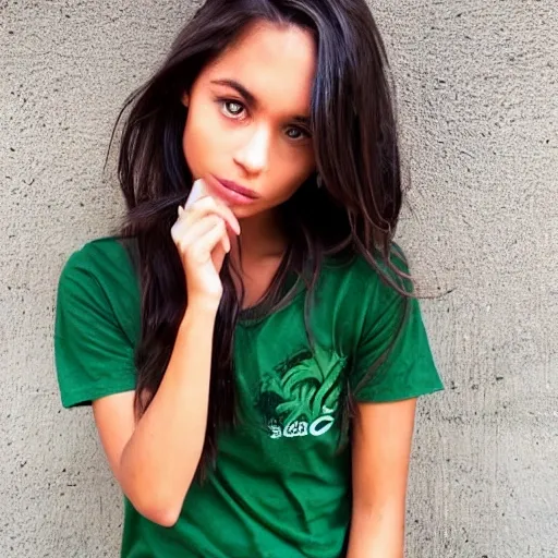 girl, brown eyes, long hair, dark green t shirt
