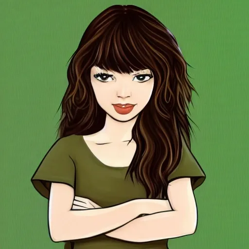 girl, brown eyes, long hair, dark green t shirt
, Cartoon