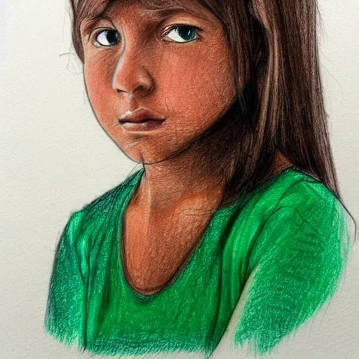 girl, brown eyes, long hair, dark green t shirt, Pencil Sketch
