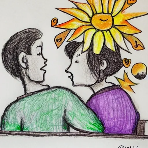 Imagine a drawing that depicts two people of different ages, genders, or races sitting on a bench in a park. Both are engaged in a deep and meaningful conversation, with warm and smiling facial expressions. Behind them is a symbolic representation of a bright and radiant sun, symbolizing happiness and love.

On the bench, inscribe the words "Love as an Art," which is a central concept in Erich Fromm's philosophy. You can decorate the drawing with colorful flowers and natural elements to convey a sense of life and vitality.

The drawing should convey the idea that love is not merely a passive feeling but an active skill and practice that requires effort, dedication, and mutual understanding. The two individuals in the drawing should represent the capacity to love and be loved fully and authentically, fostering genuine and respectful connection, Cartoon