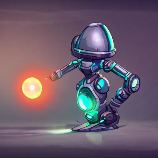 arcane style, small round robot, metal walker gba game, cell shaded, 4 k, by rodrigo-vega, concept art, sharp focus, volumetric lighting, cinematic lighting, studio quality

