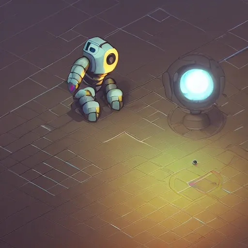 arcane style, small round robot, metal walker gba game, like Wheatley, cell shaded, 4 k, by wlop, concept art, sharp focus, volumetric lighting, cinematic lighting, studio quality

