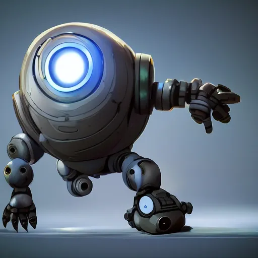 arcane style, small round robot with small legs, like Wheatley with two rectangular eyes, cell shaded, 4 k, by Takeshi Koike, concept art, sharp focus, volumetric lighting, cinematic lighting, studio quality

