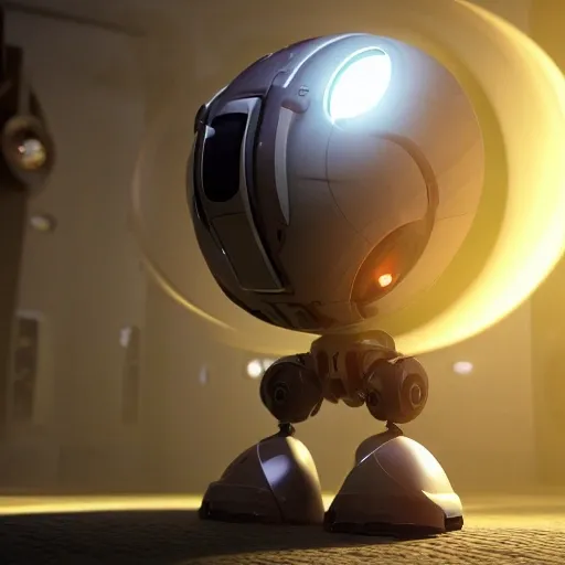 arcane style, small round robot with small legs, like Wheatley with two rectangular eyes, cell shaded, 4 k, by Takeshi Koike, concept art, sharp focus, volumetric lighting, cinematic lighting, studio quality

