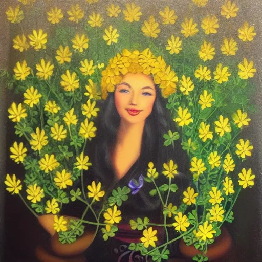 shinny golden majestic queen of clovers surrounded by clovers made of gold, Oil Painting