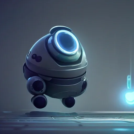 arcane style, small round robot with small legs, like Wheatley with two rectangular eyes, cell shaded, 4 k, by Takeshi Koike, concept art, sharp focus, volumetric lighting, cinematic lighting, studio quality

