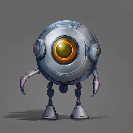 arcane style, small round robot with small legs, like Wheatley with two rectangular eyes, cell shaded, 4 k, by Takeshi Koike, concept art, sharp focus, volumetric lighting, cinematic lighting, studio quality

