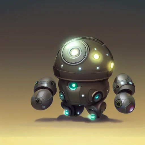 arcane style, small round robot with small legs, like Wheatley with two rectangular eyes, cell shaded, 4 k, by Takeshi Koike, concept art, sharp focus, volumetric lighting, cinematic lighting, studio quality

