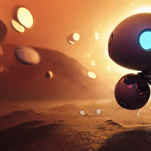 arcane style, small round robot with small legs, like Wheatley with two rectangular eyes, cell shaded, 4 k, by Takeshi Koike, concept art, sharp focus, volumetric lighting, cinematic lighting, studio quality

