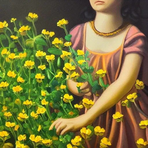 shinny golden majestic queen of clovers surrounded by gold clovers, Oil Painting