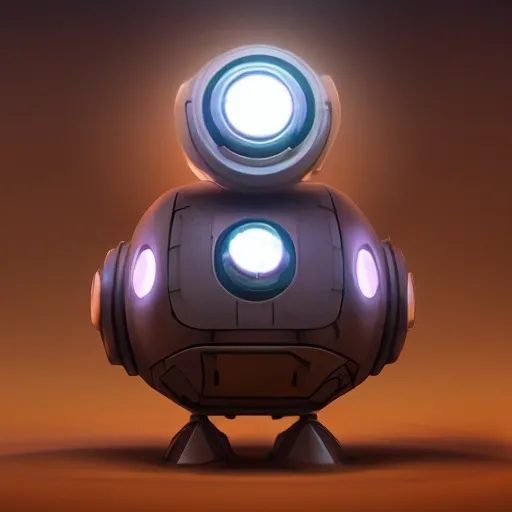 arcane style, small round robot with small legs, like Wheatley with two rectangular eyes, cell shaded, 4 k, by Takeshi Koike, concept art, sharp focus, volumetric lighting, cinematic lighting, studio quality

