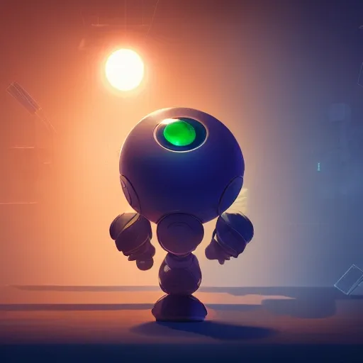 arcane style, small round robot with small legs, like Wheatley with two rectangular eyes, cell shaded, 4 k, by Takeshi Koike, concept art, sharp focus, volumetric lighting, cinematic lighting, studio quality

