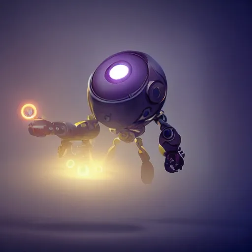 arcane style, small round robot with small legs, like Wheatley with two rectangular eyes, cell shaded, 4 k, by Takeshi Koike, concept art, sharp focus, volumetric lighting, cinematic lighting, studio quality

