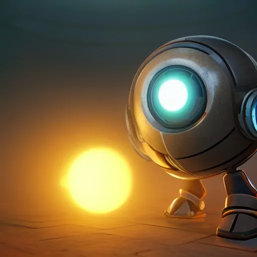 arcane style, small round robot with small legs, like Wheatley with two rectangular eyes, cell shaded, 4 k, by Takeshi Koike, concept art, sharp focus, volumetric lighting, cinematic lighting, studio quality

