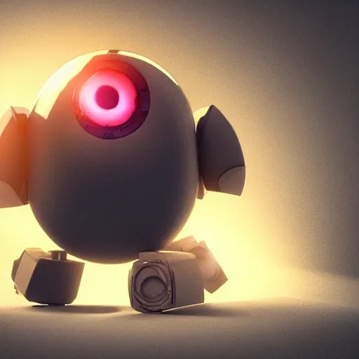 arcane style, small round robot with small legs, like Wheatley with two rectangular eyes, cell shaded, 4 k, by Takeshi Koike, concept art, sharp focus, volumetric lighting, cinematic lighting, studio quality

