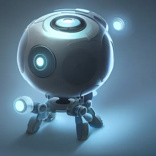 arcane style, small round robot with small legs, like Wheatley with two rectangular eyes, cell shaded, 4 k, by Takeshi Koike, concept art, sharp focus, volumetric lighting, cinematic lighting, studio quality

