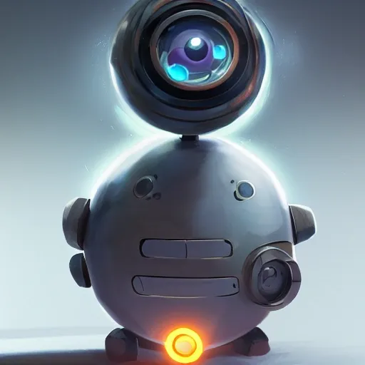 arcane style, small round robot with small arms, like Wheatley with two rectangular eyes, cell shaded, 4 k, by Takeshi Koike, concept art, sharp focus, volumetric lighting, cinematic lighting, studio quality

