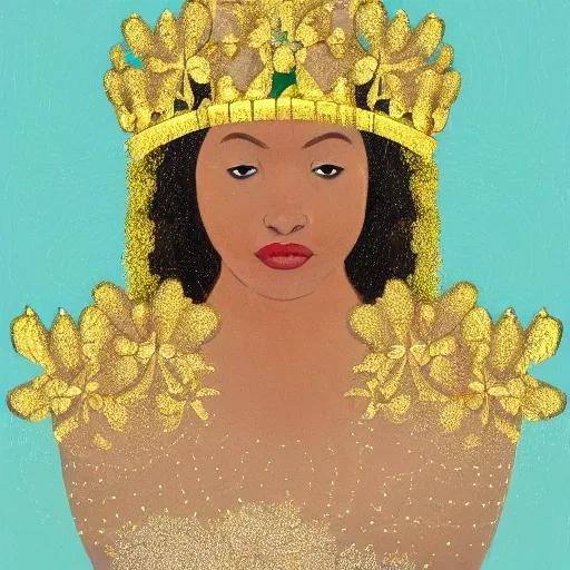shinny queen, dressed in gold, white skin, clover crown, gold clovers float around, Portrait