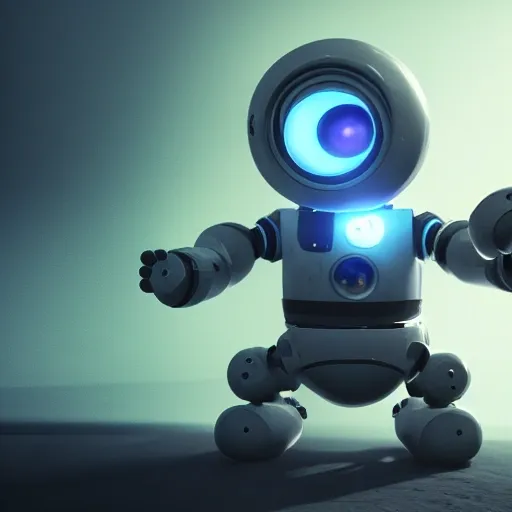 arcane style, small round robot with small arms, like Wheatley with two rectangular eyes, cell shaded, 4 k, by Takeshi Koike, concept art, sharp focus, volumetric lighting, cinematic lighting, studio quality

