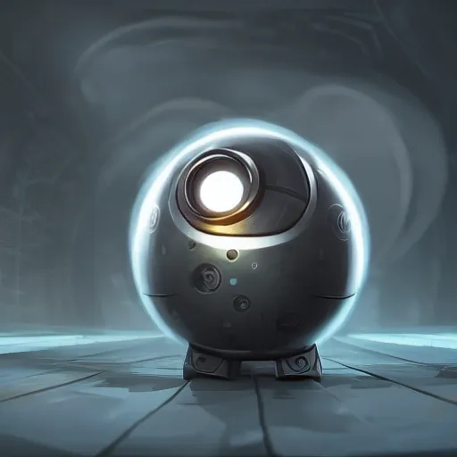 arcane style, small round robot with small arms, like Wheatley with two rectangular eyes, cell shaded, 4 k, by Takeshi Koike, concept art, sharp focus, volumetric lighting, cinematic lighting, studio quality

