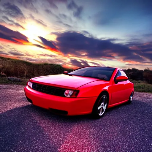 red car at sunset, photography, real, realistic, 8k, 3D