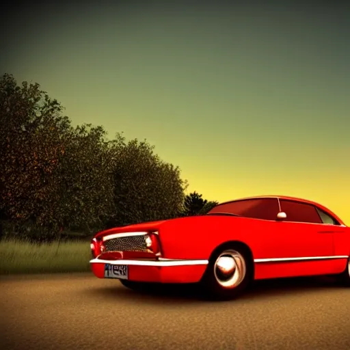 red car at sunset, photography, real, realistic, 8k, 3D, 3D